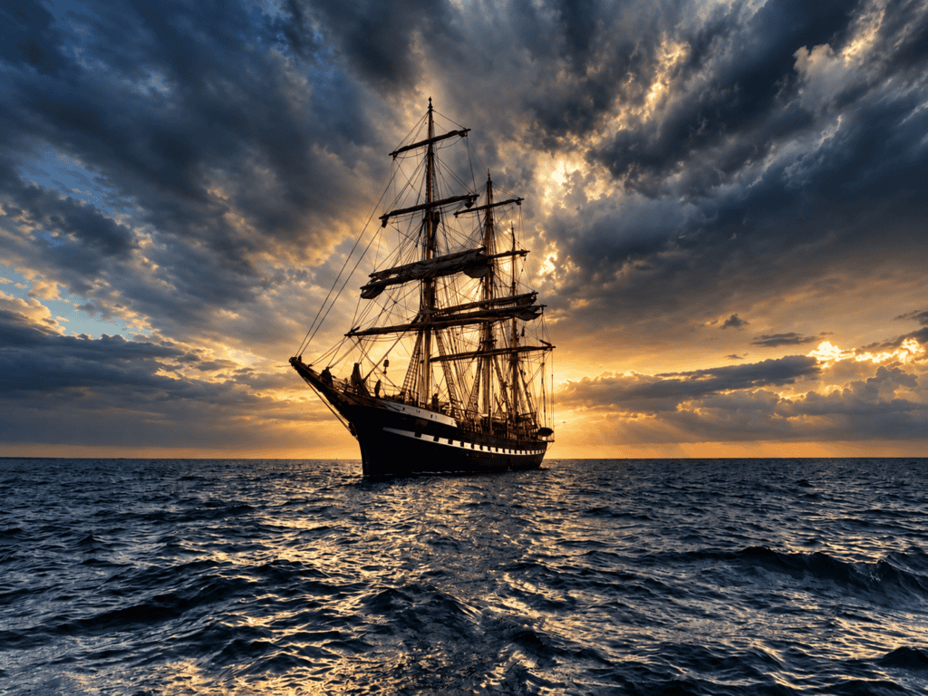 Historic Sailing Ship at Sunset Old sailing ship on the ocean during sunset with dramatic clouds.