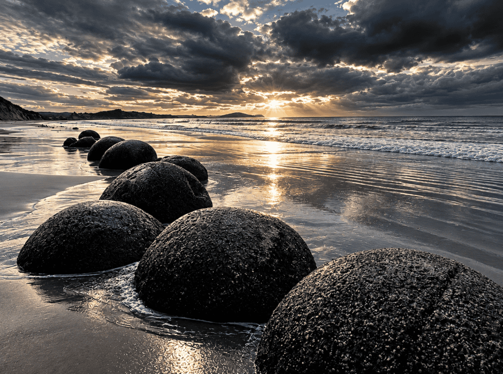 Sunset at Pier 1893 Beach Scenic sunset over beach with large round rocks and dramatic clouds.